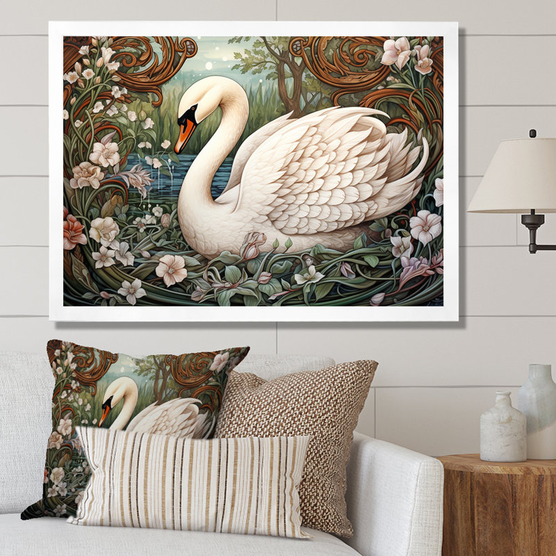 Cygnes majestueux, horizon sur toile, Cadre photo blanc, H 30 po x l 40 po x P 1,5 po