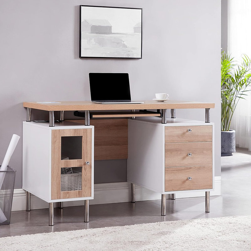 Chinonye Executive Wood Office Desk with Keyboard Tray, Built-In Charging Station, Storage Cabinet & 3 Drawers – Modern Executive Writing Desk for Home Office, Workstation Organization & Productivity