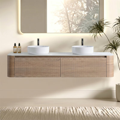 Meuble-lavabo Erba de 72 po avec lavabo, armoire murale en chêne miel avec porte-serviettes gratuit, conception de deux lavabos en céramique blanche, sans drain et robinet, pré-assemblé
