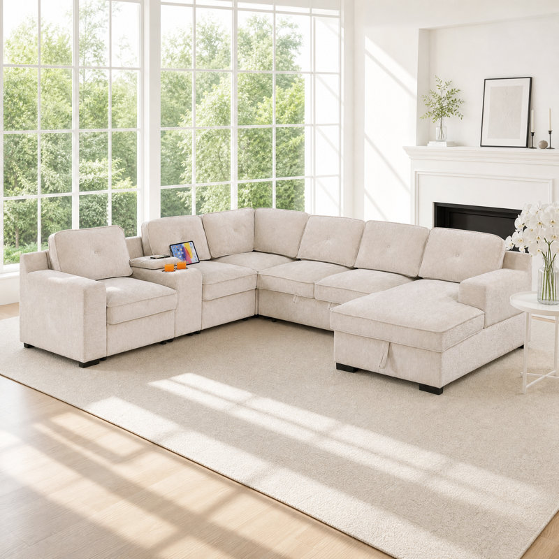 119.5‘’Chenille Sectional Sofa With Integrated Console And Storage, Beige Chenille