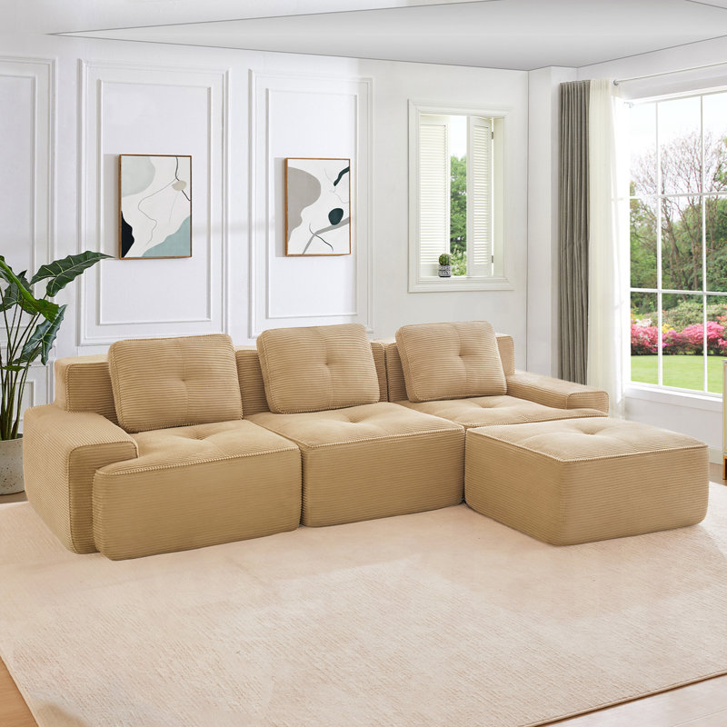 Tayani Boneless 124.00" U Shaped Couch, Modular Sectional Sofa, 3-Seater Comfy Cloud Couch with Movable Ottoman