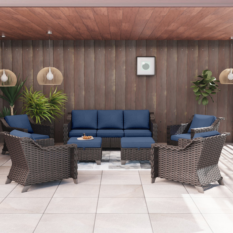 Telayah Wicker 7 - Person Patio Conversation Set with Cushions, Blue