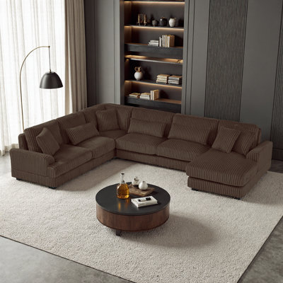 Canapé modulaire surdimensionné en U de 129 po avec méridienne en velours beige doux, 5 places