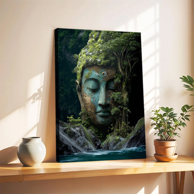 Tête de Bouddha en pierre vintage recouverte d'une végétation luxuriante près de l'eau, tableau sur toile grand format, impression sur châssis entoilé pour salon ou chambre.