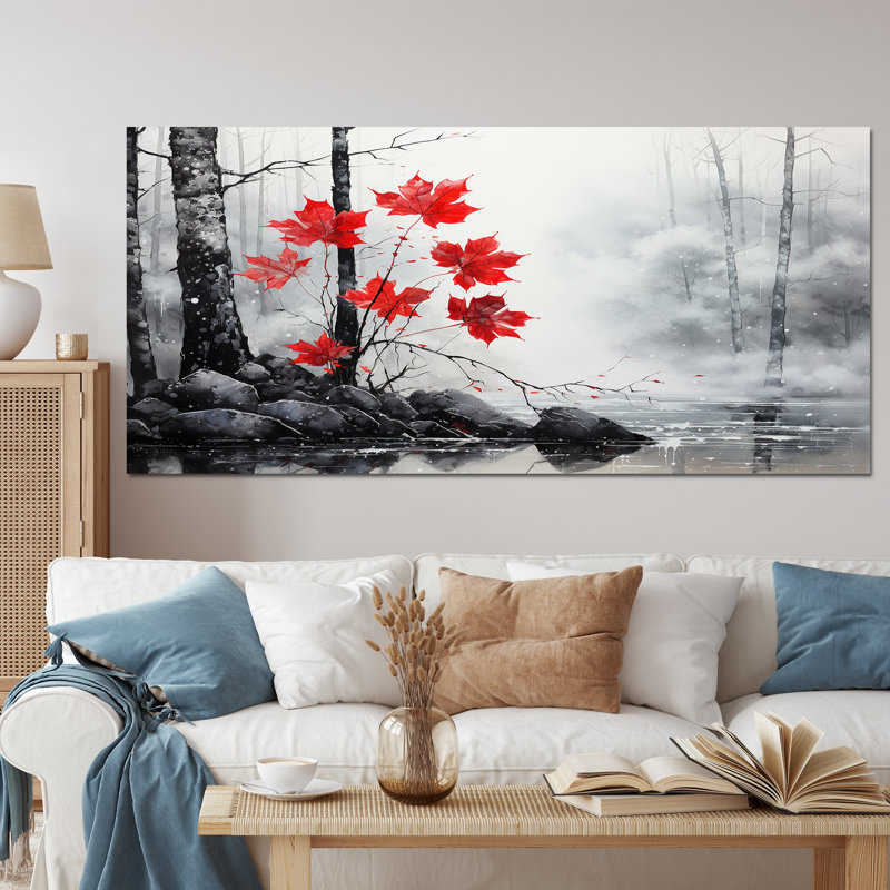 Bianchina, forêt monochrome rouge minimaliste II - forêt, art mural, Toile tendue, H 28 po x l 60 po x P 1,5 po