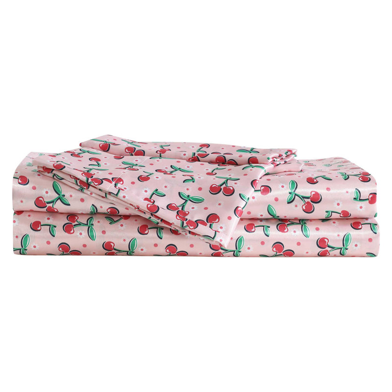 Betsey Johnson Soft Satin Sheet Sets, Twin Sheet Set with 1 Pillowcase, Pink Cherry