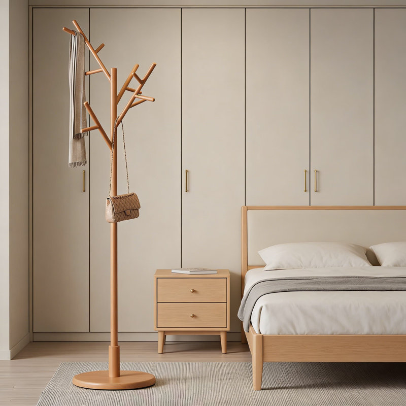 Freestanding Wood Coat Rack Tree With 12 Hooks, Adjustable Height Entryway Organizer For Coats, Hats, Bags, And Scarves
