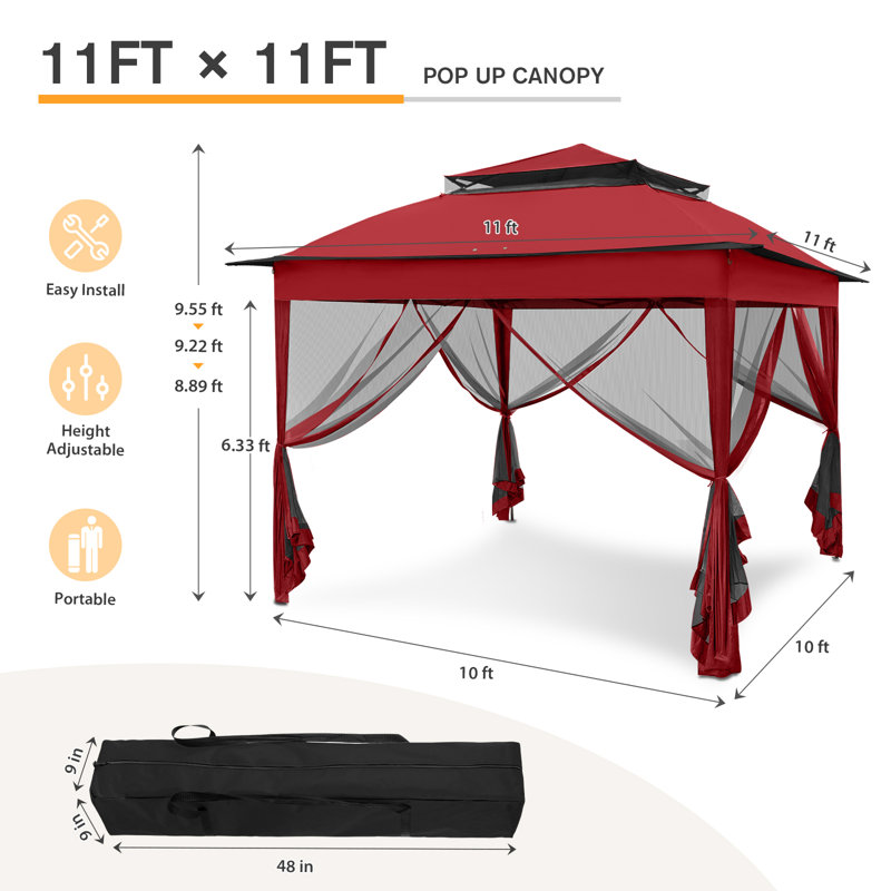 11 Ft. W x 11 Ft. D Outdoor Pop Up Soft Top Steel Patio Gazebo with Netting, Red