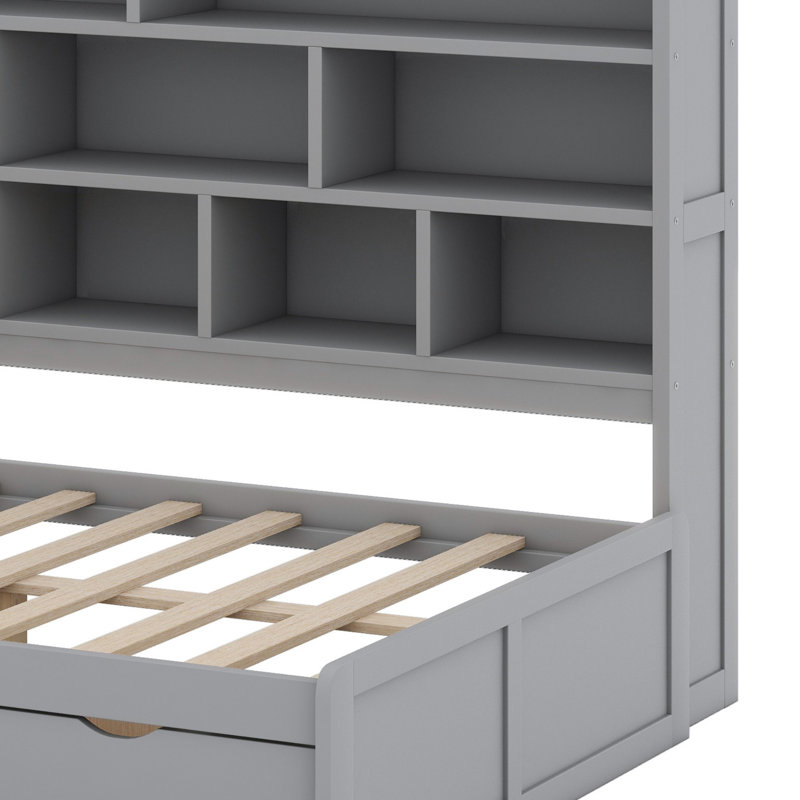 Lit de jour avec tiroirs, bureau, tablettes et lumières, Gris