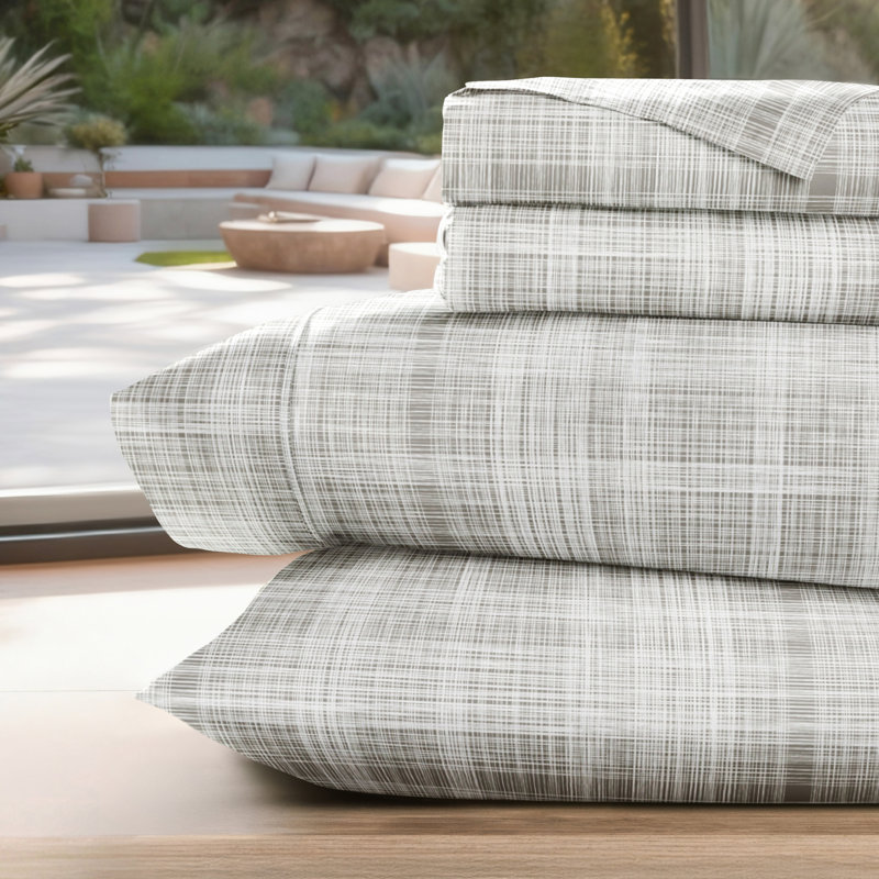 Ensemble de draps en microfibre ultra douce, Ensemble de draps pour grand lit avec 2 taies d'or, Motifs géométriques gris
