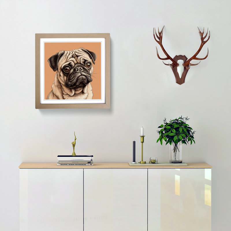 Pug Drawing No.1 - Single Picture Frame Print on Wood, Oak