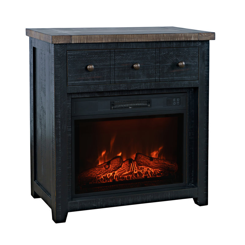 Eradis Solid Wood Rustic 32" Farmhouse Electric Fireplace Console TV Stand - Antique Black, Black