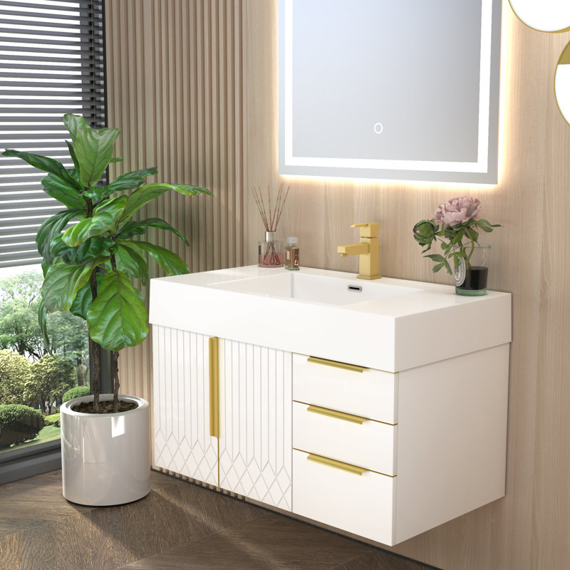 Meuble-lavabo flottant Milana avec lavabo en acrylique renforcé blanc brillant et tiroirs à droite, 36"