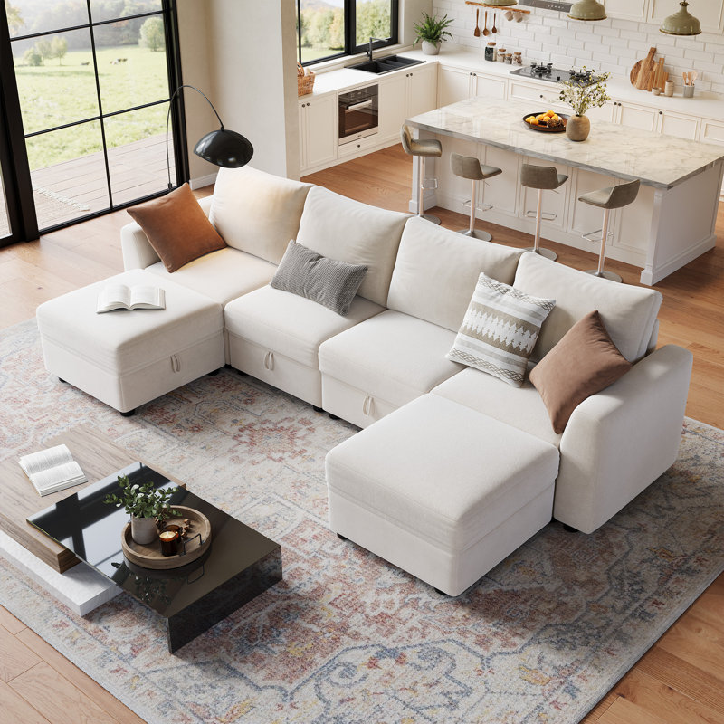 Canapé modulaire modulaire en chenille avec sièges de rangement cachés, canapé-lit convertible avec repose-pieds pour le salon