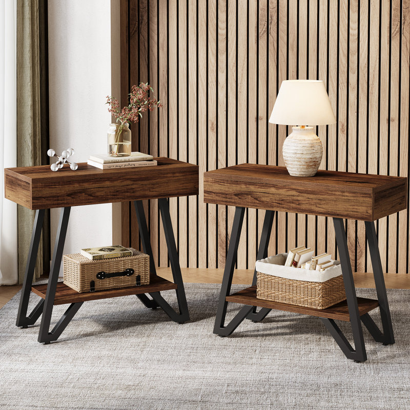 Table de bout pour salon, canapé-lit étroit à 2 niveaux avec rangement, Brun rustique, 2