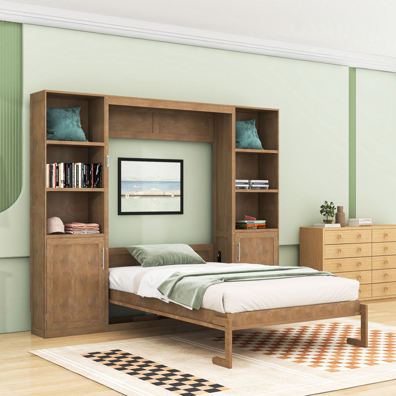 Grand lit escamotable en bois avec tablettes et armoires de rangement