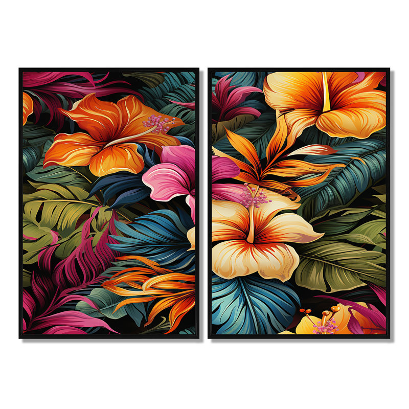 Hibiscus multicolore fleurs tropicales IV - art tropical vert 2 pièces, Black, 36" H x 48" W, Impression encadrée flottante