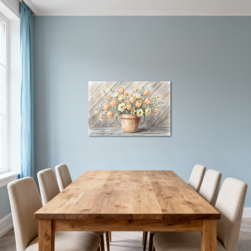 Arrangement floral de plantes et fleurs dans un pot en terre cuite sur une surface en bois, H 20 po x l 30 po