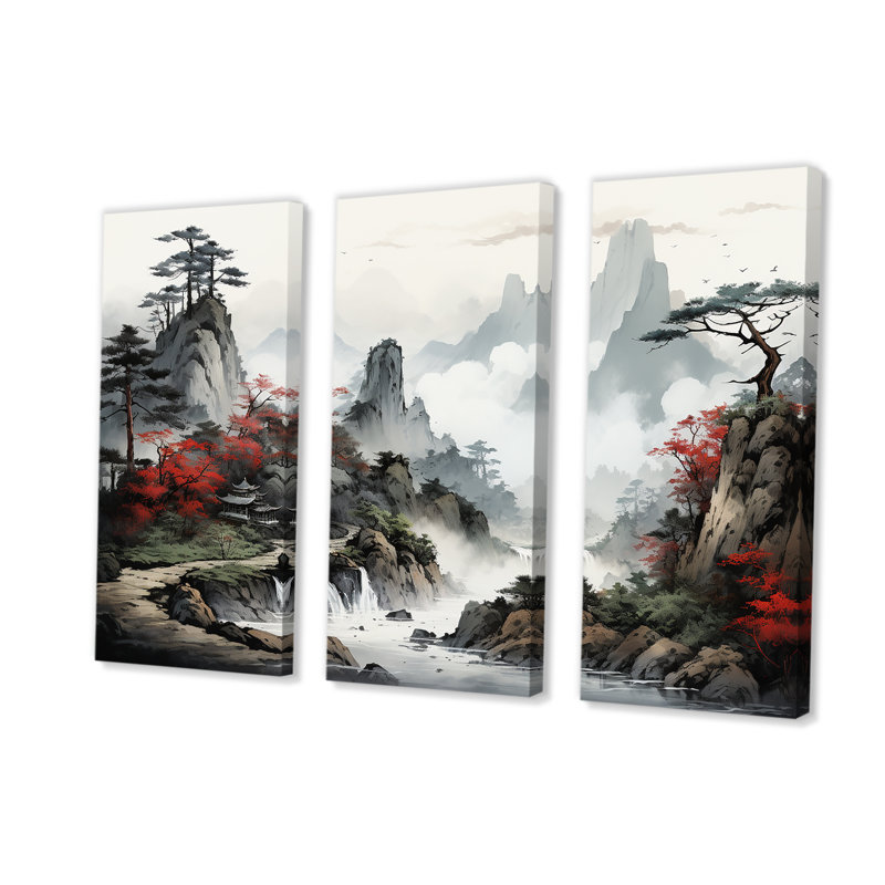 «Gray River China Landscape I», art mural Chine, Toile tendue, H 32 po x l 48 po