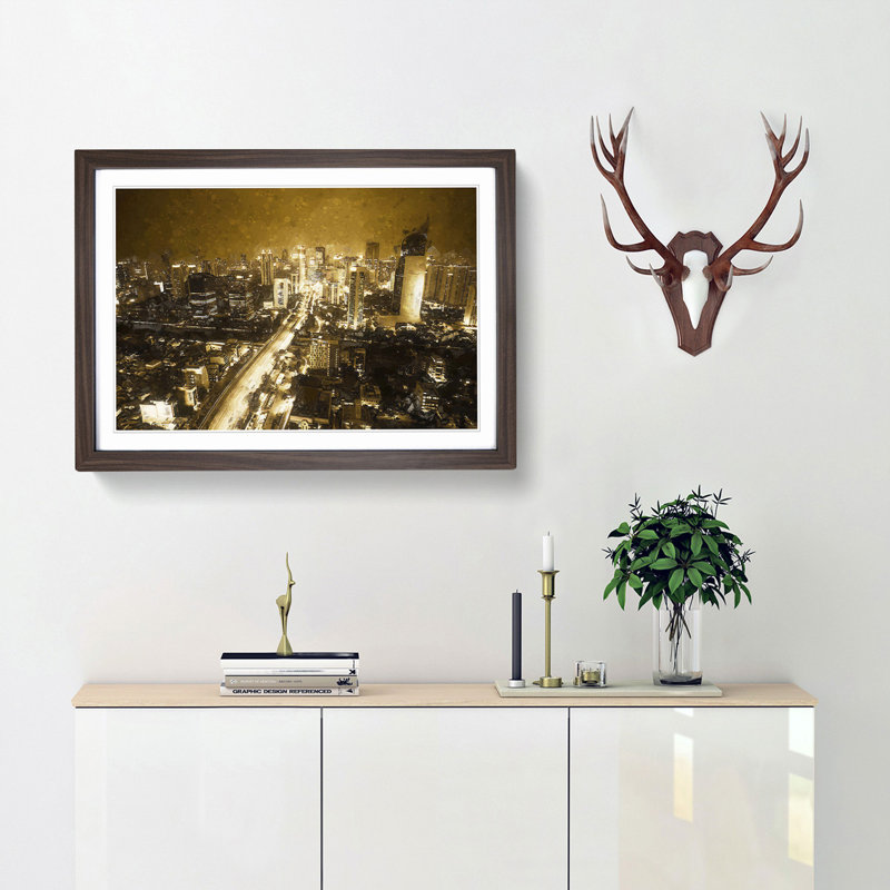 Golden Jakarta Skyline in Abstract - Picture Frame Graphic Art Print, 36cm H x 48cm W x 2cm D, Walnut Framed