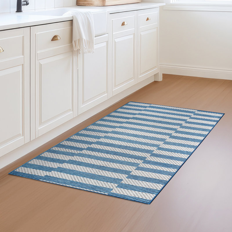 Coastal Stripe Blue Washable Non-Slip Rug 3'x5'