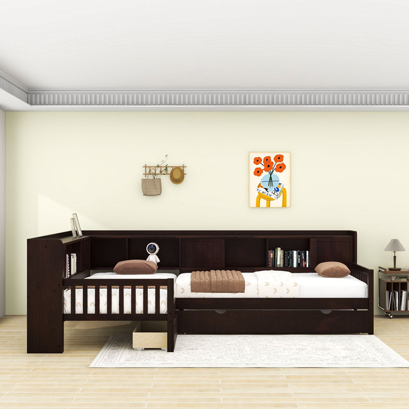 Lit plateforme avec lit gigogne, tiroirs de rangement et tablettes, Espresso