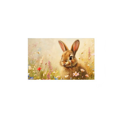 Lapin brun dans un champ de fleurs, art mural encadré en bois à l'arrière, 30 x 20
