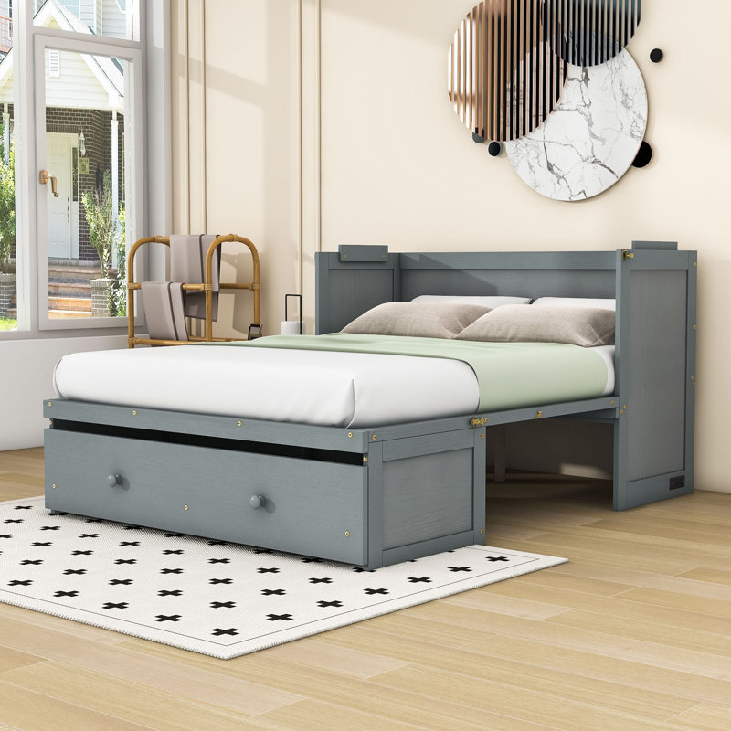 1 Drawer Wooden Murphy Bed with USB Ports, Grey, Full