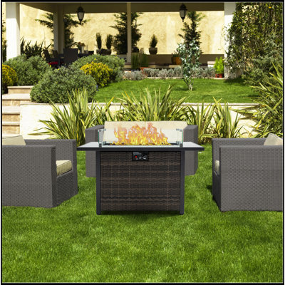 Table de foyer d'extérieur au gaz propane 50 000 BTU avec foyer avec couvercle en verre et base en osier de protection contre le vent pour le jardin, le patio, la cour arrière, 44 po