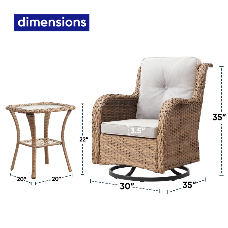 Schutt 3 Piece Patio Set Outdoor Wicker Glider Rocking and Swivel Chairs with Cushions, Beige, Yellow