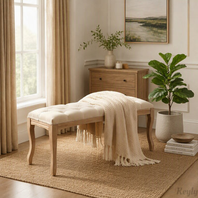 Banc capitonné vintage français avec pieds en bois sculpté