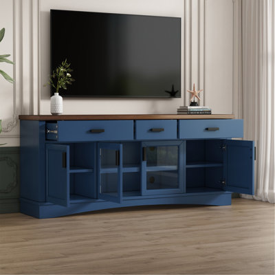 Meuble télé bleu moderne, meuble télé de 170 cm de large, portes vitrées et tiroirs de rangement, étagères ajustables
