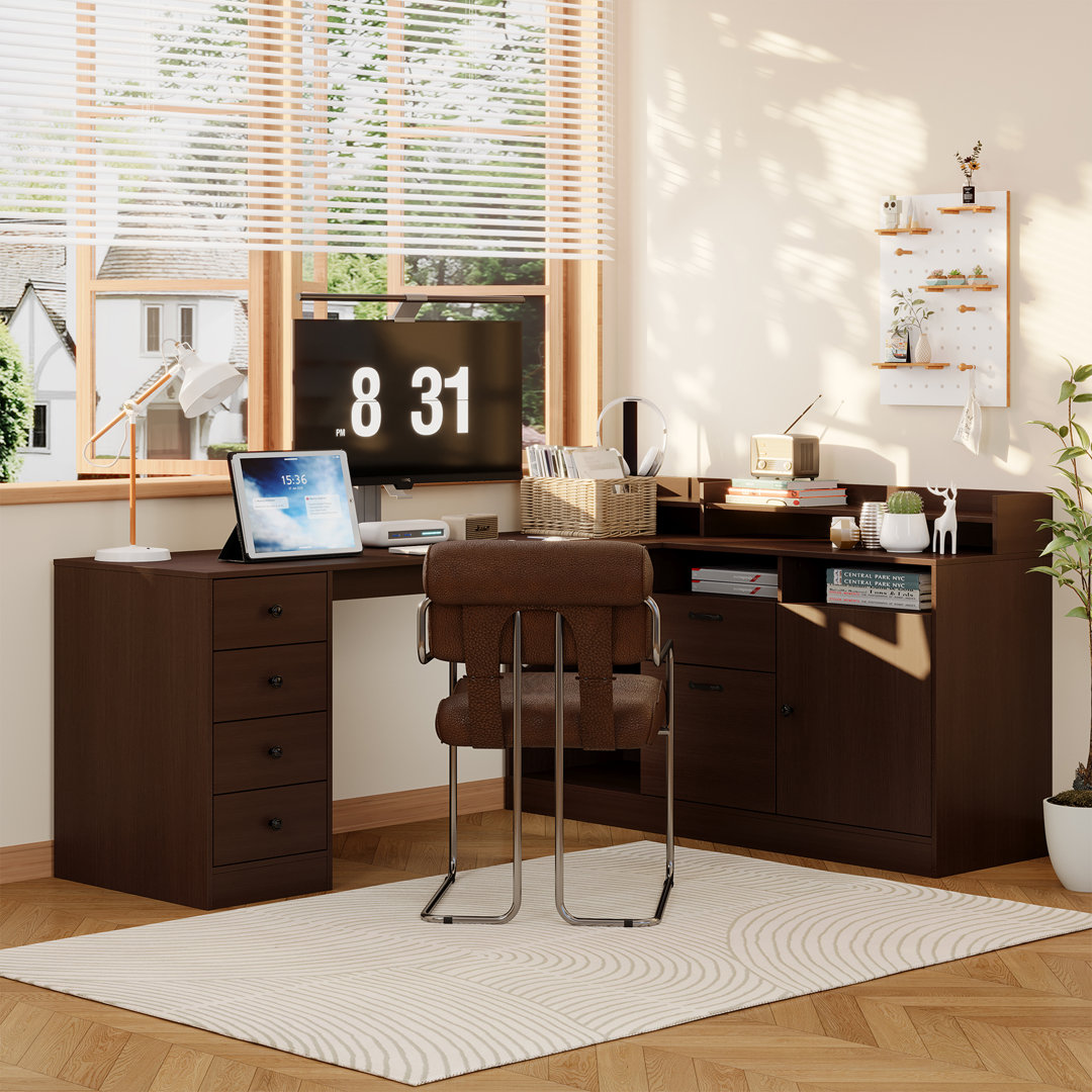 Lauven L Shape Executive Desk with Drawers and Cabinet Storage, Charging Station & USB Ports Inbox Zero