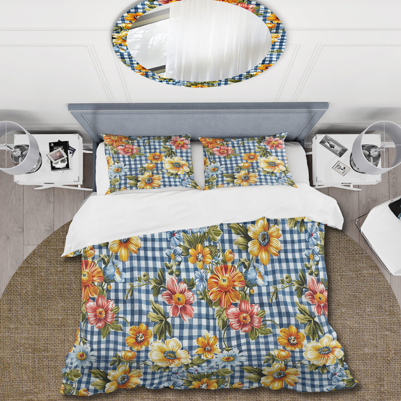 Ensemble de housse de couette à motif guingan rouge et jaune, Housse de couette simple + 2 taies décoratives st