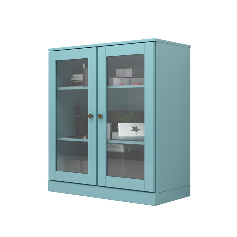 Meuble télé 100% bois massif, console de 32 po de largeur avec portes en verre et rangement, Turquoise
