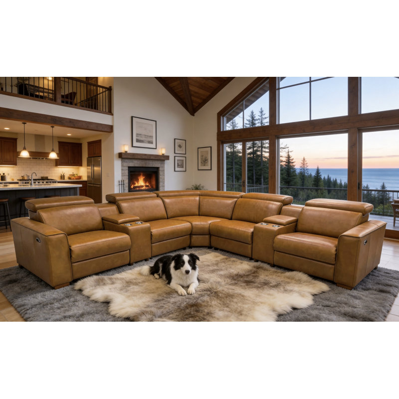 Canapé modulaire inclinable en cuir Brentkil, Cuir fleur de gingembre