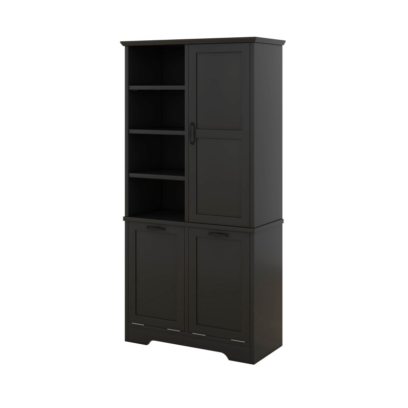 Armoire de rangement autoportante pour salle de bain avec panier à linge inclinable, tablette réglable, Noir