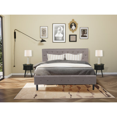 3 Piece King Size Bed Set - Button Tufted Modern Bed Frame - Brown Taupe Velvet Fabric Upholstered Headboard and a Black Finish Nightstand