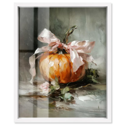 «Pumpkin with the Pink Bow», décor d'Halloween par Art Remedy, cadre blanc, 20 x 24