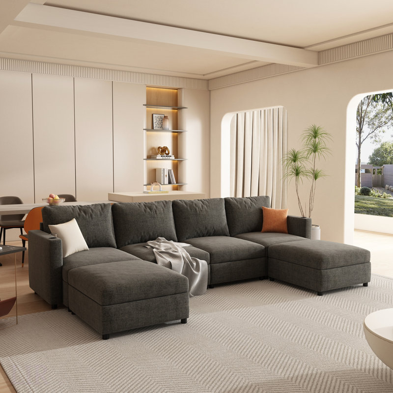 Grand canapé modulaire moderne en U avec rangement, canapé-lit de 123 pouces et repose-pieds, tissu chenille pour le salon, canapé modulaire