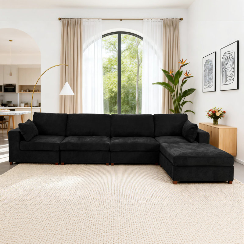 Canapé d'angle rembourré avec 1 repose-pieds, Lin noir, H 26 po x l 151,1 po x P 37,8 po