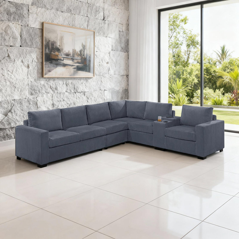 Canapé modulaire modulaire en L à 5 places avec console USB et porte-gobelets, Polyester gris foncé