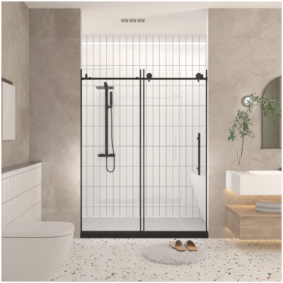 Frameless shower door 56-60 "W x 76" H, 1/4 "(6 mm) Clear Tempered Glass, Explosion Proof Film, Stainless Steel Handle, Matte Black