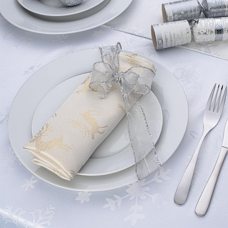 Christmas Deer Embossed Design Tablecloth and 8 Napkins, 70cm W x 274cm L, Cream/Metallic Gold