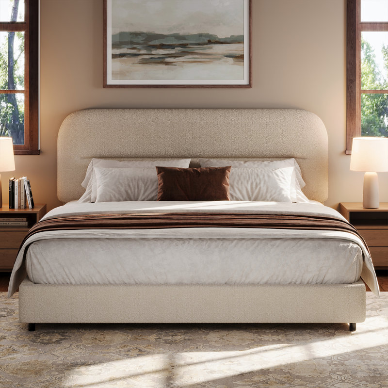 Bensu Platform Bed Frame, Cloud Collection with Boucle Upholstery & Rounded Headboard, Thickened Footboard, Queen, Cream