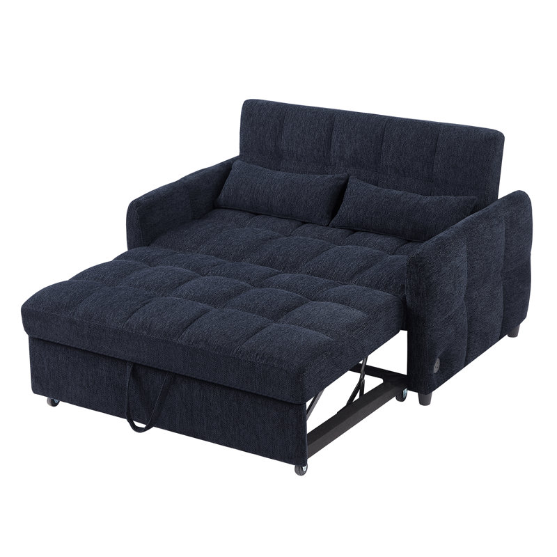 Canapé-lit capitonné de 52,8 po avec dossier ajustable, 3 ports USB et 2 coussins lombaires pour le salon, Bleu