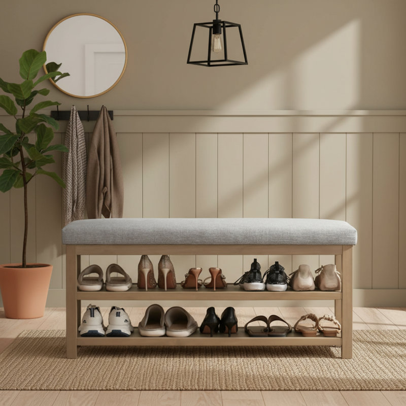 Ce banc à chaussures gris polyvalent dispose d'un rangement en bois massif à double couche et d'un coussin moelleux, offrant un style médiéval-moderne convenant aux vestibules et aux vestibules.