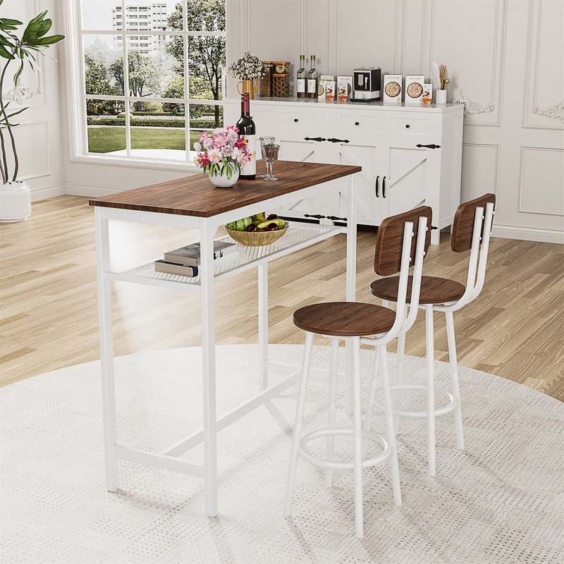 Ensemble de table de bar moderne 3 pièces avec structure en métal et support de rangement pour espaces de vie compacts.