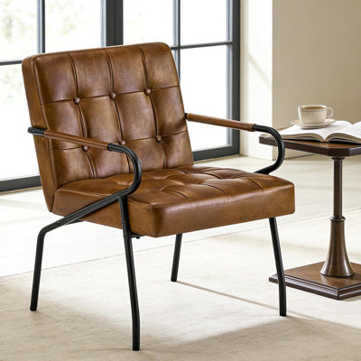 21.3 Wide  Mid-Century Modern Upholstered Leather Accent Chair  Tufted Metal Frame Lounge Armchair with Thick Cushion
