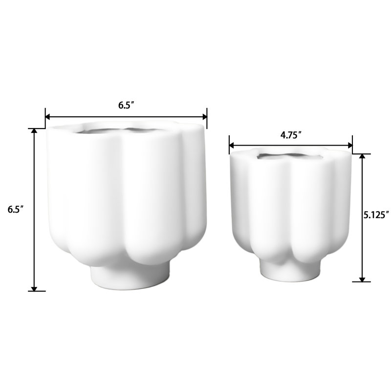Set Of 2, GLOSS 6.5"D & 5.25"D  Ceramic Flower Planter, White